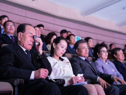 SEOUL, SOUTH KOREA - FEBRUARY 11: In this handout image provided by the South Korean Presidential Blue House, North Korea's nominal head of state Kim Yong-Nam (L) weeps while watching a performance of North Korea's Samjiyon Orchestra with Kim Yo-Jong, North Korean leader Kim Jong-Un's sister and South Koran President …