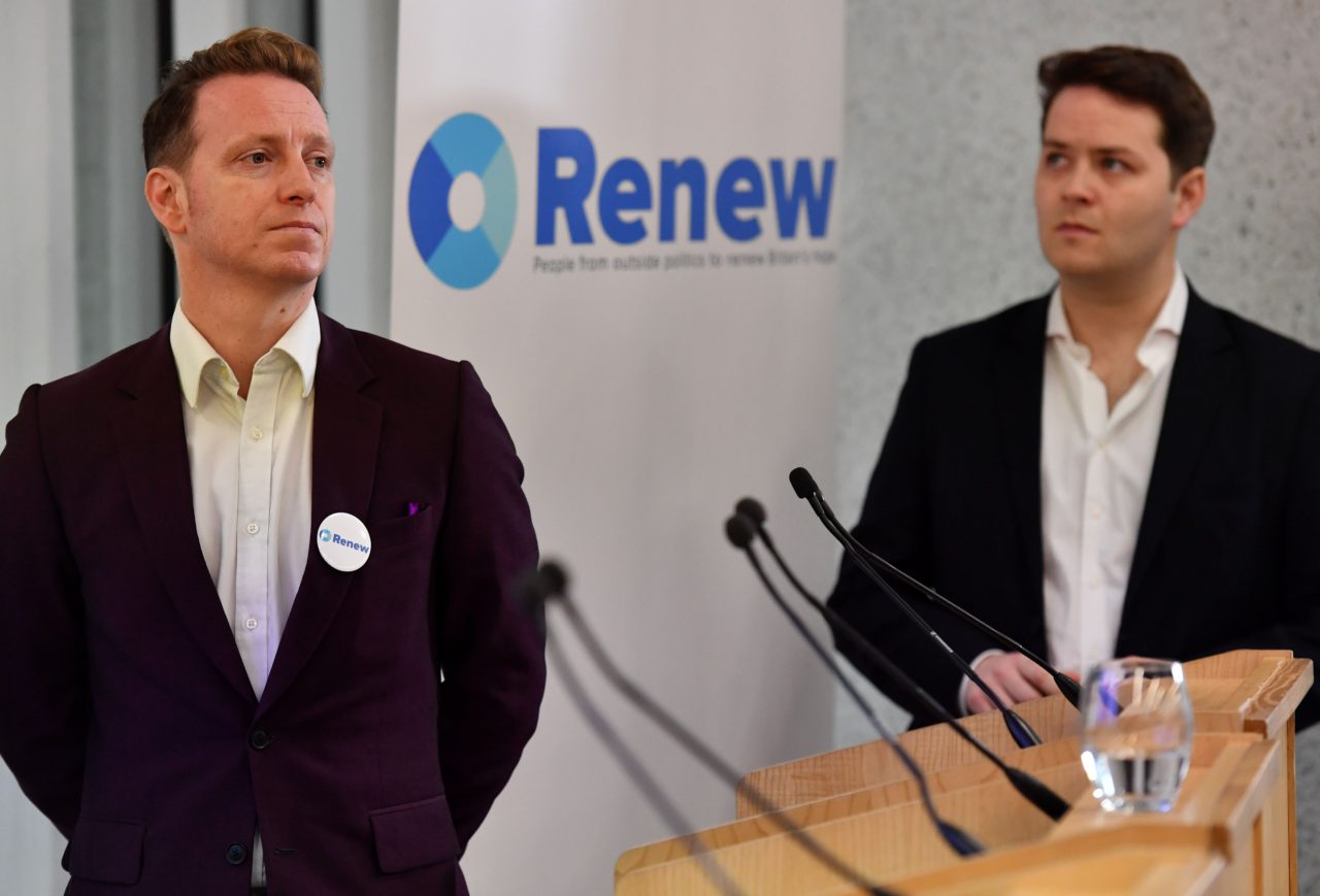 Renew Party's Head of Outreach, James Clarke (L), and Head of Strategy, James Torrance (R), attend the anti-Brexit political party's launch in London on February 19, 2018.