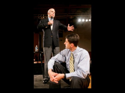 Republican presidential candidate, Sen. John McCain, R-Ariz., left, speaks at a town hall