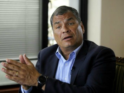 Former Ecuadorean president Rafael Correa (2007-2017) speaks during an exclusive interview with AFP in Quito on January 19, 2018. Correa warned that the asylum he gave in 2012 to the founder of Wikileaks the Australian Julian Assange, would be close to an end if Ecuadorean President Lenin Moreno wins the …