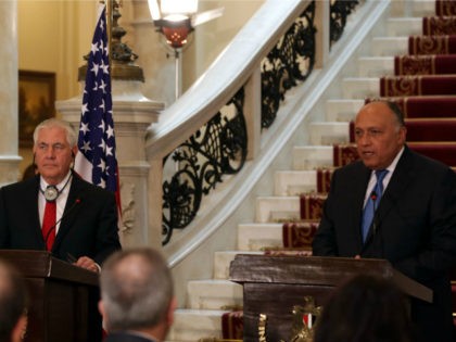 US Secretary of State Rex Tillerson (L) gives a press conference with Egyptian Foreign Minister Sameh Shoukry in Cairo on February 12, 2018. / AFP PHOTO / POOL / Khaled ELFIQI (Photo credit should read KHALED ELFIQI/AFP/Getty Images)