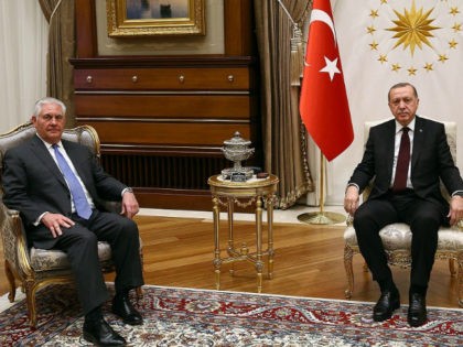 Turkish President Recep Tayyip Erdogan (R) receives US Secretary of State Rex Tillerson (L) at the Presidential Complex in Ankara, Turkey on February 15, 2018. (Photo by Kayhan Ozer/Anadolu Agency/Getty Images)