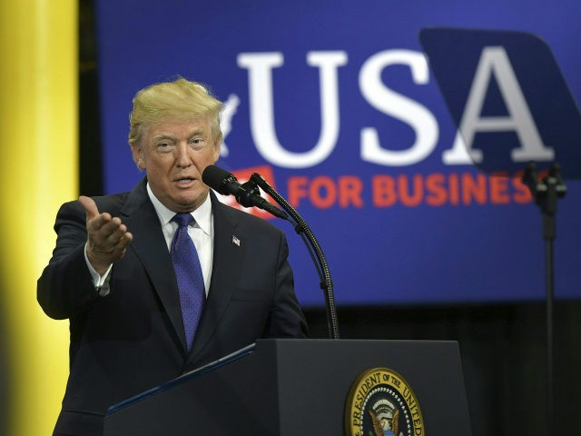 US President Donald Trump delivers remarks on tax reform at Sheffer Corporation in Blue As