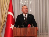 AMMAN, JORDAN - FEBRUARY 18: Turkish Foreign Minister Mevlut Cavusoglu delivers a speech during his meeting with Turkish cizitens at the Turkish Embassy in Amman, Jordan on February 18, 2018. (Photo by Cem Ozdel/Anadolu Agency/Getty Images)