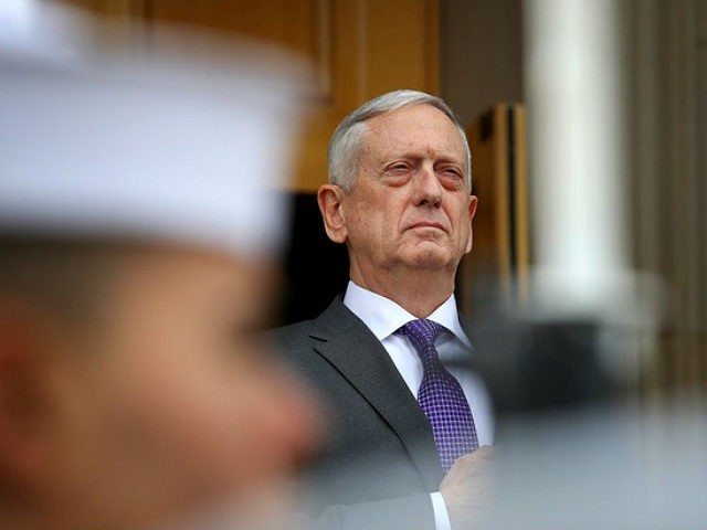 ARLINGTON, VA - FEBRUARY 01: U.S. Secretary of Defense James Mattis listens to the national anthem of the United States during an arrival ceremony with Gavin Williamson, Secretary of State for Defense, United Kingdom at the Pentagon February 1, 2018 in Arlington, Virginia. Mattis and Williamson were scheduled to meet …