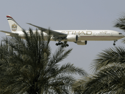 n this Sunday, May 4, 2014 photo, an Etihad Airways plane prepares to land in Abu Dhabi Airport, United Arab Emirates. Fast-growing Gulf carrier Etihad Airways says it and Alitalia have reached a deal in principle for the United Arab Emirates-based airline to buy a 49 percent stake in the …
