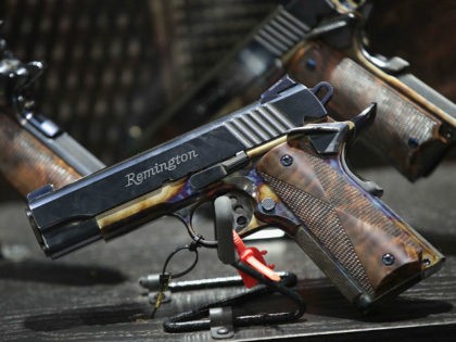 ATLANTA, GA - APRIL 29: Custom Remington pistols are displayed at the 146th NRA Annual Meetings & Exhibits on April 29, 2017 in Atlanta, Georgia. With more than 800 exhibitors, the convention is the largest annual gathering for the NRA's more than 5 million members. (Photo by Scott Olson/Getty Images)