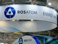 A picture taken on June 28, 2016 shows the logo of Russian atomic energy agency Rosatom during the World Nuclear Exhibition in Le Bourget, near Paris. / AFP / ERIC PIERMONT (Photo credit should read ERIC PIERMONT/AFP/Getty Images)