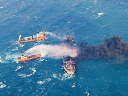 FILE - In this Wednesday, Jan. 10, 2018, photo provided by China's Ministry of Transport, firefighting boats work to put on a blaze on the oil tanker Sanchi in the East China Sea off the eastern coast of China. A Chinese official said Friday, Jan. 19, 2018, that the explosion …