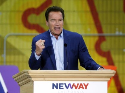 Former California Gov. Arnold Schwarzenegger speaks at the first New Way California Summit, a political committee eager to reshape the state GOP, at the Hollenbeck Youth Center in Los Angeles, Wednesday, March 21, 2018. (AP Photo/Damian Dovarganes)