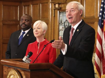 Gov. Asa Hutchinson speaks at a news conference Monday, March 5, 2018, at the state Capito