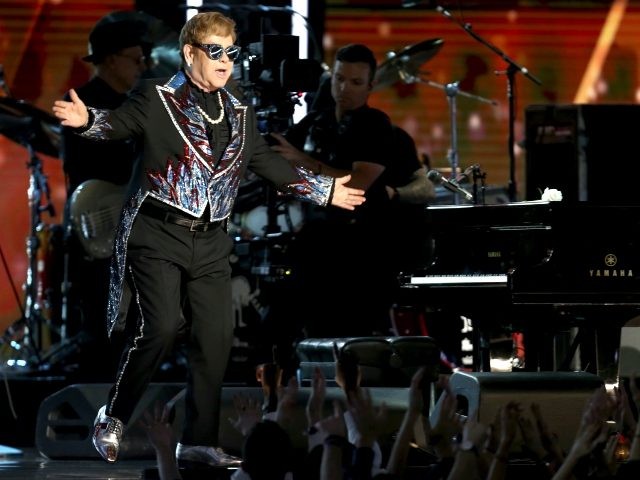 Elton John performs "Tiny Dancer" at the 60th annual Grammy Awards at Madison Sq
