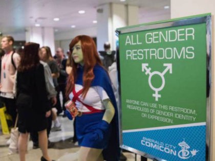 General view of all gender restroom sign during Emerald City Comic Con at Washington State