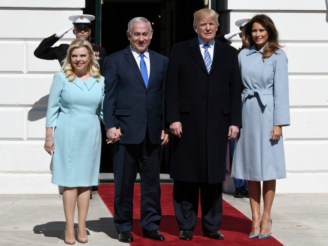 US President Donald Trump and First Lady Melania Trump greet Israel Prime Minister Benjami