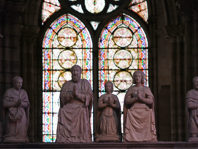 This picture taken on October 19, 2016, in Saint-Denis, northern Paris, shows statutes at the Basilica Cathedral of Saint-Denis, which is France's royal necropolis, the final resting place of the kings and queens of France. / AFP / CHRISTOPHE ARCHAMBAULT (Photo credit should read CHRISTOPHE ARCHAMBAULT/AFP/Getty Images)