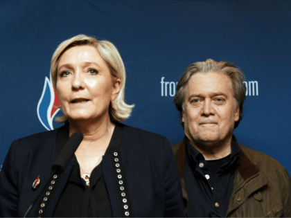 LILLE, FRANCE - MARCH 10: France's far-right party Front National (FN) president Marine Le Pen and former U.S. President Donald Trump advisor Steve Bannon give a joint press conference during the French far-right Front National (FN) party annual congress on March 10, 2018 at the Grand Palais in Lille, north …