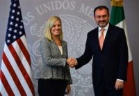 Mexican Minister of Foreign Affairs Luis Videgaray (R) shakes hands with US Secretary of Homeland Security Kirstjen Nielsen in Mexico City on March 26, 2018. / AFP PHOTO / RONALDO SCHEMIDT (Photo credit should read RONALDO SCHEMIDT/AFP/Getty Images)