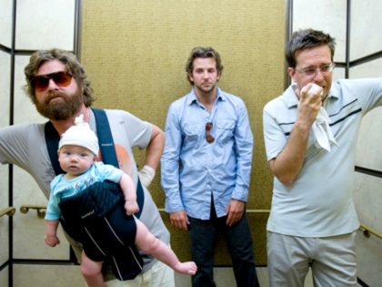 Bradley Cooper, Zach Galifianakis, and Ed Helms in The Hangover (2009, Warner Bros.)