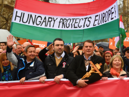 Demonstrators hold a flag in the colors of Hungary reading 'Hungary protects Europe' as th
