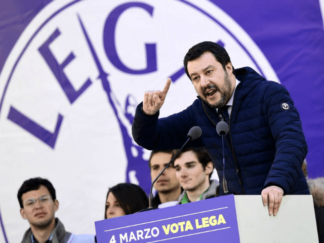 Lega Nord far right party leader Matteo Salvini address supporters during a campaign rally on Piazza Duomo in Milan on February 24, 2018 a week ahead of the Italy's general election.