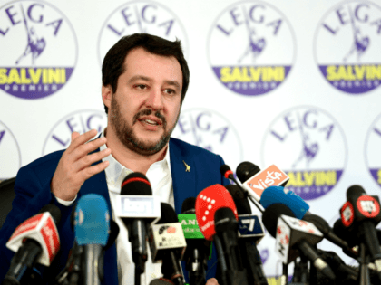 Lega far right party leader Matteo Salvini gestures during a press conference held at the Lega headquarter in Milan on March 5, 2018 ahead of the Italy's general election results. A surge for populist and far-right parties in Italy's weekend election could result in a hung parliament with a right-wing …