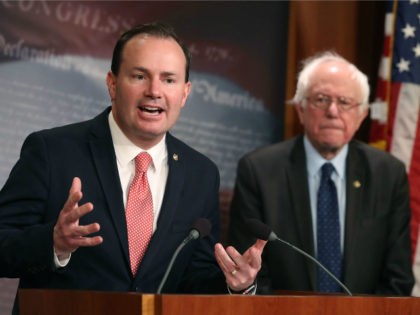 Sen. Mike Lee (R-UT), (L), and Sen. Bernie Sanders (I-VT), introduce a joint resolution to