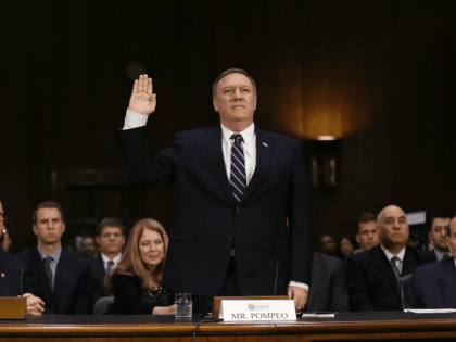 WASHINGTON, DC - JANUARY 12: U.S. President-elect Donald Trump's nominee for the director of the CIA, Rep. Mike Pompeo (R-KS) is sworn in at his confirmation hearing before the Senate (Select) Intelligence Committee on January 12, 2017 in Washington, DC. Mr. Pompeo is a former Army officer who graduated first …