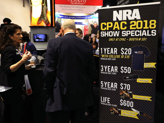 Membership specials for the National Rifle Association are available at the organization's booth inside the Conservative Political Action Conference Hub at the Gaylord National Resort and Convention Center February 23, 2018 in National Harbor, Maryland. Earlier in the day U.S. President Donald Trump addressed CPAC, the largest annual gathering of …