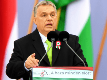 Hungarian Prime Minister Viktor Orban delivers a speech in front of the Hungarian Parliame