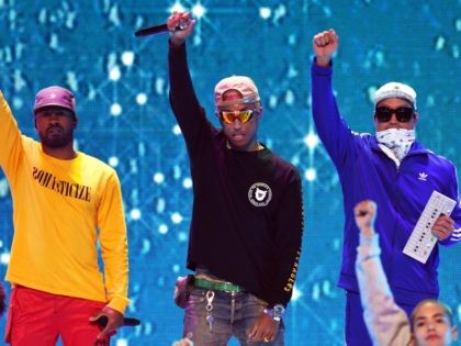 (L-R) Shay Haley, Pharrell Williams and Chad Hugo perform onstage at Nickelodeon's 20