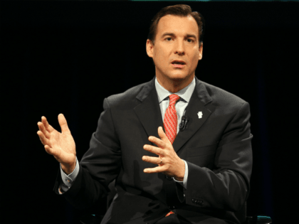 New York State Democratic Gubernatorial candidate Tom Suozzi is seen gesturing as he speaks during a televised live Town Hall Meeting for Governor held at Pace University in New York City, Wednesday, August 30, 2006. The other candidates Eliot Spitzer and John Faso were being televised from other cities in …