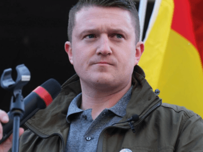 former English Defence League leader Tommy Robinson at a PEGIDA rally in Cologne, Germany,