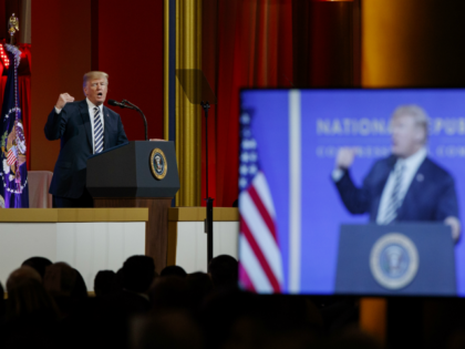 President Donald Trump speaks to the National Republican Congressional Committee March Dinner, at the National Building Museum Tuesday, March 20, 2018, in Washington. (AP Photo/Evan Vucci)