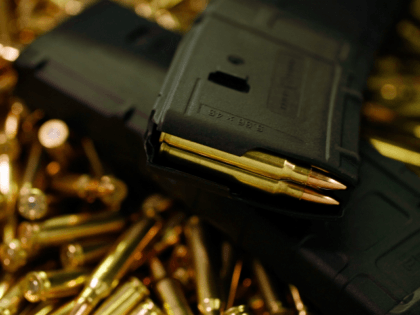 A magazine with newly manufactured 5.56mm cartridges is seen at Stone Hart manufacturing,
