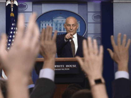 White House Chief of Staff John Kelly calls on a reporter during the daily briefing at the White House in Washington, Thursday, Oct. 12, 2017. Kelly insisted he's not quitting or being fired — for now. "Unless things change, I'm not quitting, I'm not getting fired and I don't think …