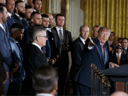 President Donald Trump speaks during a ceremony honoring the World Series Champion Houston Astros, in the East Room of the White House, Monday, March 12, 2018, in Washington. (AP Photo/Evan Vucci)