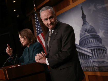 WASHINGTON, DC - MARCH 22: U.S. Senate Minority Leader Chuck Schumer (D-NY) and House Minority Leader Nancy Pelosi (D-CA) speak at a news conference at the U.S. Capitol on March 22, 2018 in Washington, DC. Pelosi and Schumer answered questions on the omnibus spending bill that was passed by the …