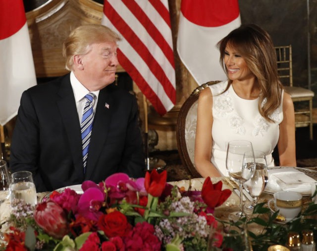 President Donald Trump and first lady Melania Trump smiles at each other as they host Japa