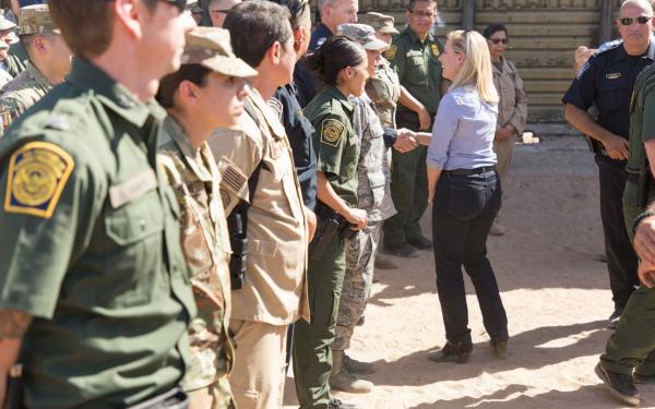 Caravan MigCBP Photo of DHS Secretary Kirstjen Nielsen meeing with Border Patrol agents and CBP officers at the San Luis II Port of Entry in Arizonarants Attempt Border Crossing into CA - AFP Photo Guillermo Arias