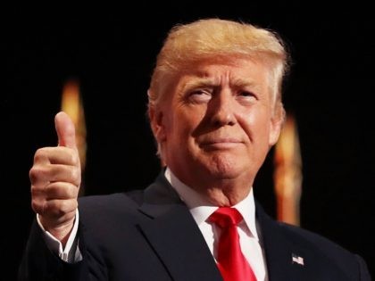 CLEVELAND, OH - JULY 21: Republican presidential candidate Donald Trump gives two thumbs up to the crowd during the evening session on the fourth day of the Republican National Convention on July 21, 2016 at the Quicken Loans Arena in Cleveland, Ohio. Republican presidential candidate Donald Trump received the number …