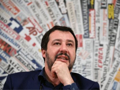 Leader of the far-right League (Lega Nord) party, Matteo Salvini attends a meeting with th