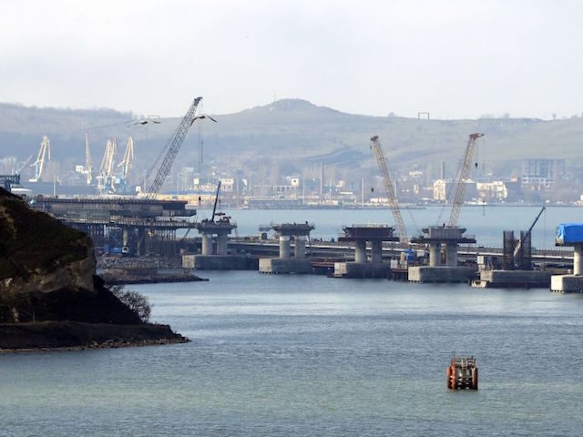 A view of the construction site of the road-and-rail Crimean Bridge over the Kerch Strait