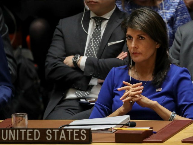 United States Ambassador to the United Nations Nikki Haley listens during a United Nations Security Council emergency meeting concerning the situation in Syria, at United Nations headquarters, April 14, 2018 in New York City. Yesterday the United States and European allies Britain and France launched airstrikes in Syria as punishment …