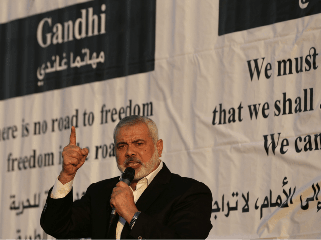 Hamas leader Ismail Haniya speaks on April 9, 2018 at the site of protests on the Israel-G