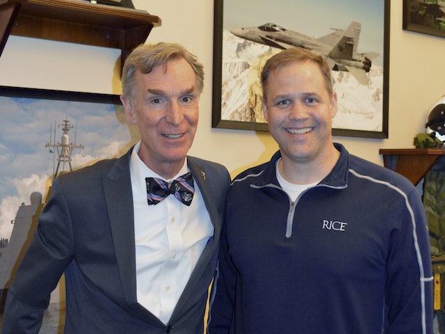 In this photo dated February, 2017 and provided by the Office of Congressman Jim Bridenstine, Bill Nye, left, and Jim Bridenstine, right, pose for a photo. Bridenstine, President Donald Trump’s pick to head NASA, says he plans to invite Bill Nye "The Science Guy" to be his guest of honor …