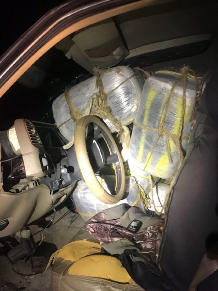 Border Patrol agents find 1,700 pounds of marijuana loaded in pickup after driver crashed into irrigation pipe near Los Indios, Texas. (Photo: U.S. Border Patrol)