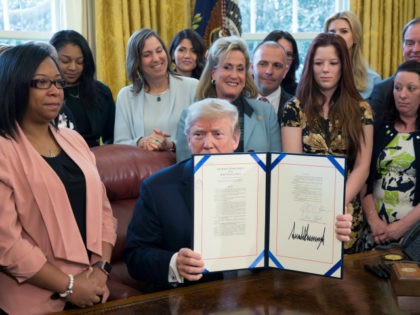 United States President Donald. J. Trump displays H.R. 1865, the 'Allow States and Victims to Fight Online Sex Trafficking Act of 2017' after signing it into law at The White House on April 11, 2018 in Washington, DC. With Trump are victims and family members of victims of online sex …