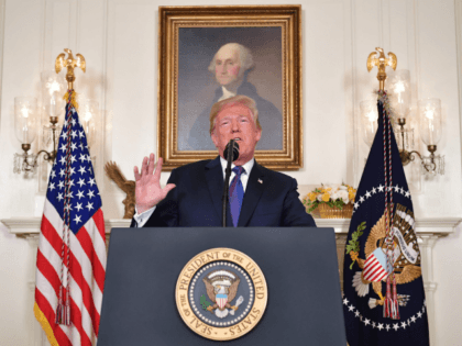 US President Donald Trump addresses the nation on the situation in Syria April 13, 2018 at the White House in Washington, DC. Trump said strikes on Syria are under way. / AFP PHOTO / Mandel NGAN (Photo credit should read MANDEL NGAN/AFP/Getty Images)