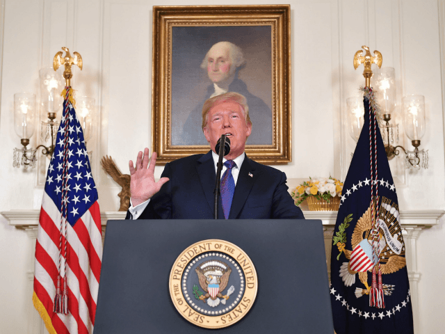 US President Donald Trump addresses the nation on the situation in Syria April 13, 2018 at the White House in Washington, DC. Trump said strikes on Syria are under way. / AFP PHOTO / Mandel NGAN (Photo credit should read MANDEL NGAN/AFP/Getty Images)