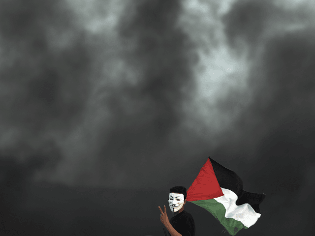 A protester holding a Palestinian flag flashes the victory sign for a photographer during